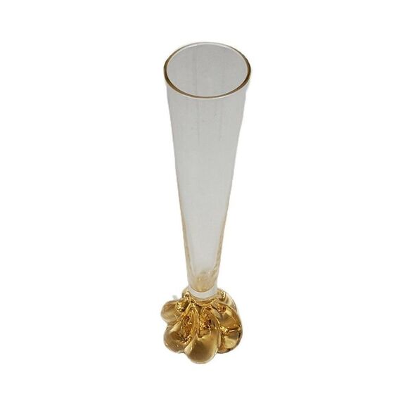 8.5" Bud Vase Clear Glass Iridescent Gold  Swirl Bottom Top Fluted Hand Blown - Picture 3 of 5